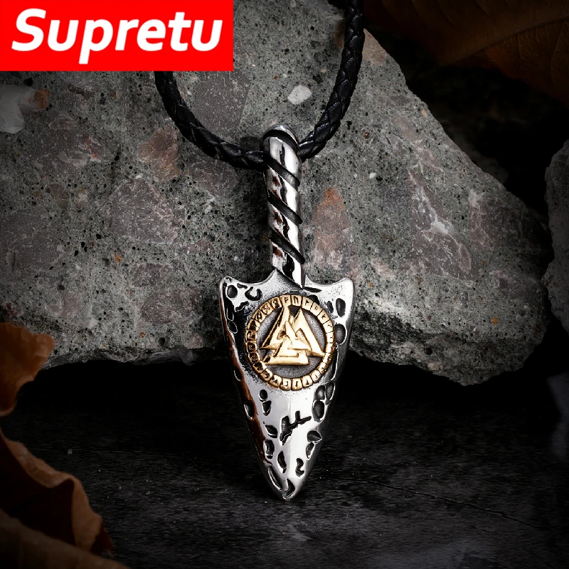 Nordic Runes Vikings Dagger Spear Necklaces Mens Self-defense Amulet Stainless Steel Triangle Pendant Punk Scandinavian Jewelry