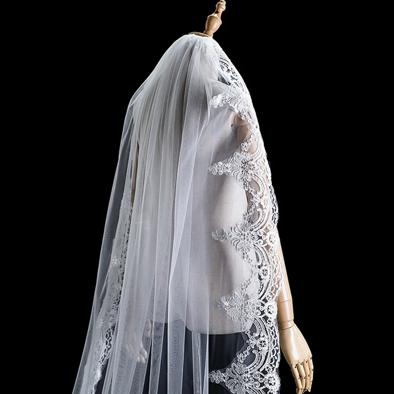 Voile de mariée en dentelle pour patients, blanc ivoire, bord long, accessoires de mariage