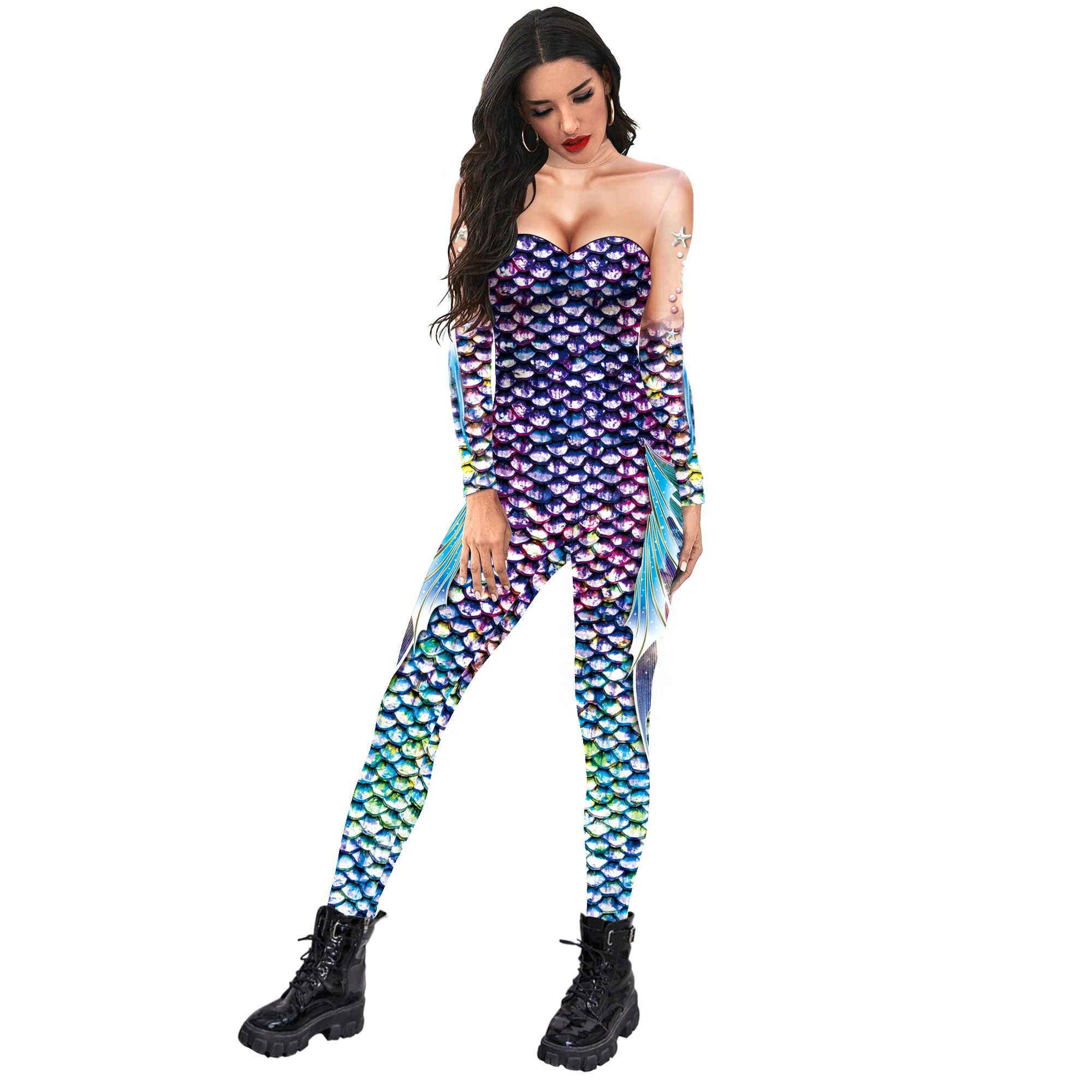 

Fish Scale Digital Printing Holiday Party Cos Mermaid Bodysuit Women's Jumpsuit Stretch Casual Wear Cosplay Costume Jumpsuit