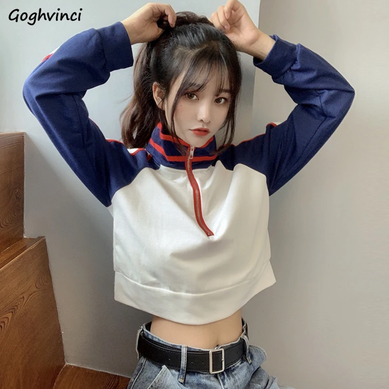 No Hat Hoodies Sweatshirts Short Length Striped Zipper Turtleneck Spring Autumn Fashion Streetwear Chic All-match Ulzzang Ins