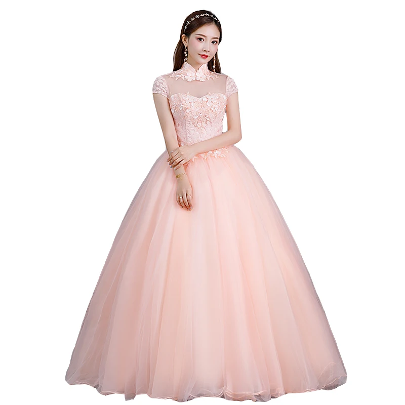 Vestido De quinceañera De tul para fiesta, traje De fiesta con apliques De 15 años, cuello alto, Rosa dulce, 2022