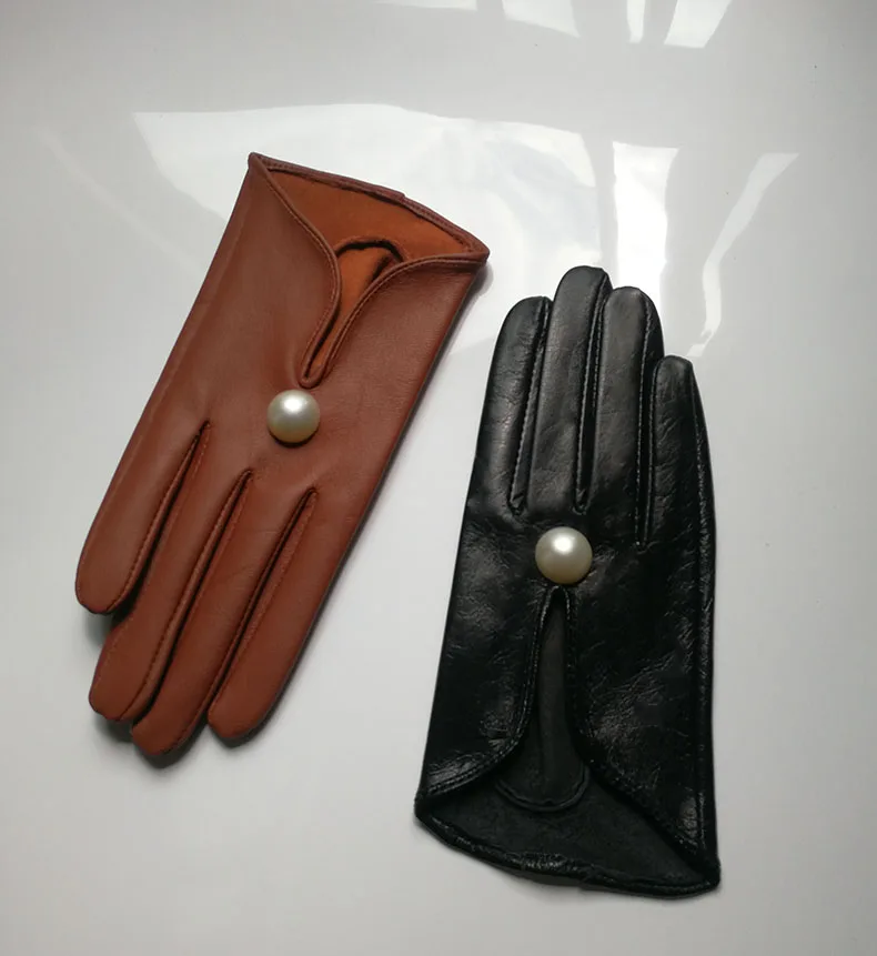 Women's Natural Sheepskin Leather Pearl Beaded Thin Glove Female Fashion Genuine Goat Leather Touchscreen Driving Glove R1937