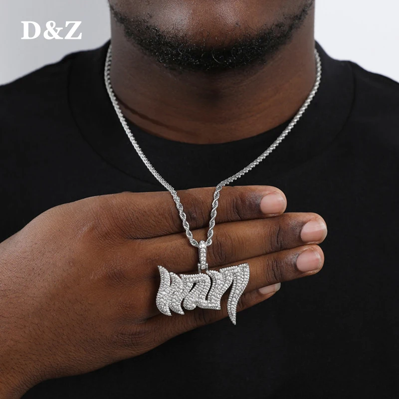 D&Z New Wavy Pendant With Solid Back Bling Cubic Zirconia Stones Necklaces Pendants With 4mm Tennis Chain For Men Rapper Jewelry