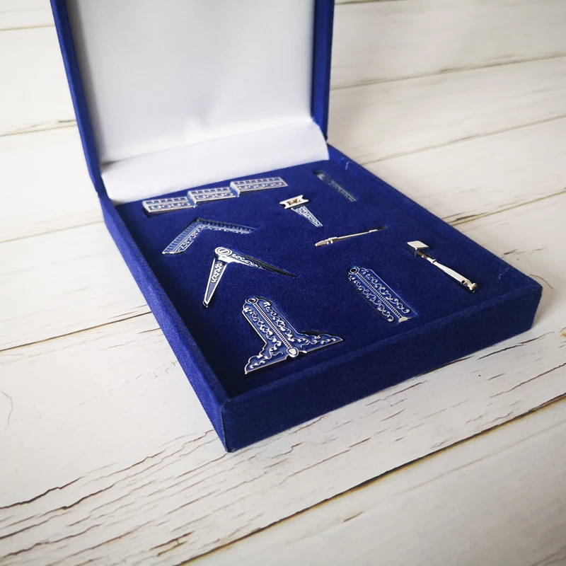 Set of 9 different velvet blue box Masonic Working Tools Badge Mason Freemason Miniature Freemason Gifts