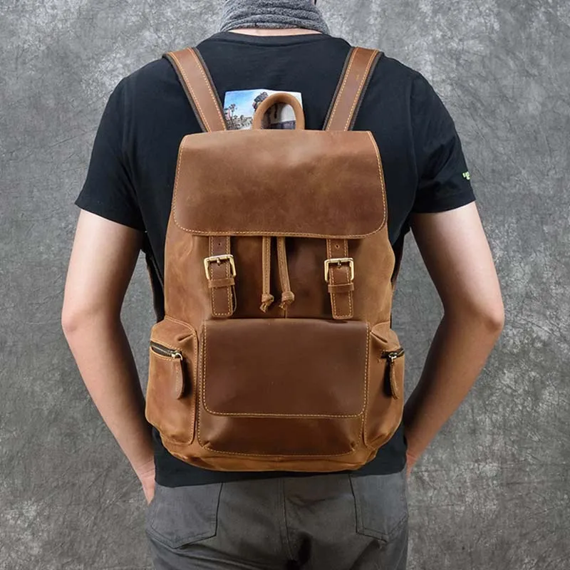 Vintage Crazy Horse Leather Backpacks Mens Genuine Leather Rucksack Durable Leather School Bag for male Travlling Bagpacks