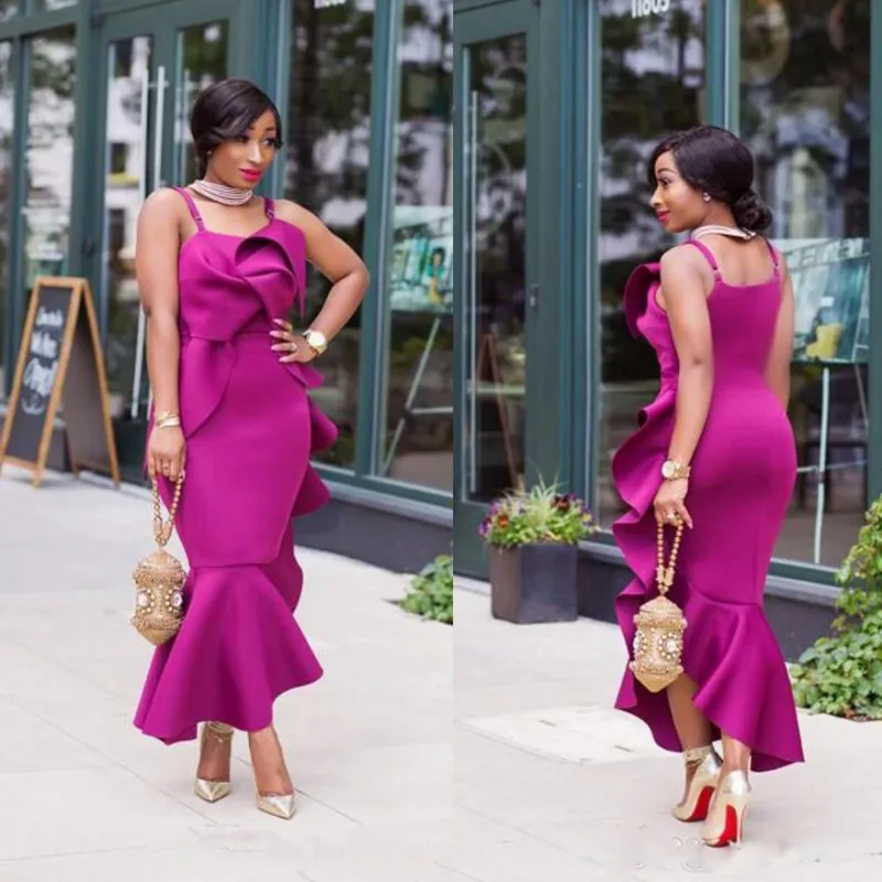 

African Spaghetti Prom Dresses Fushia Satin Mermaid Evening Gowns Ruffles Plus Size Mermaid Formal Party Dress