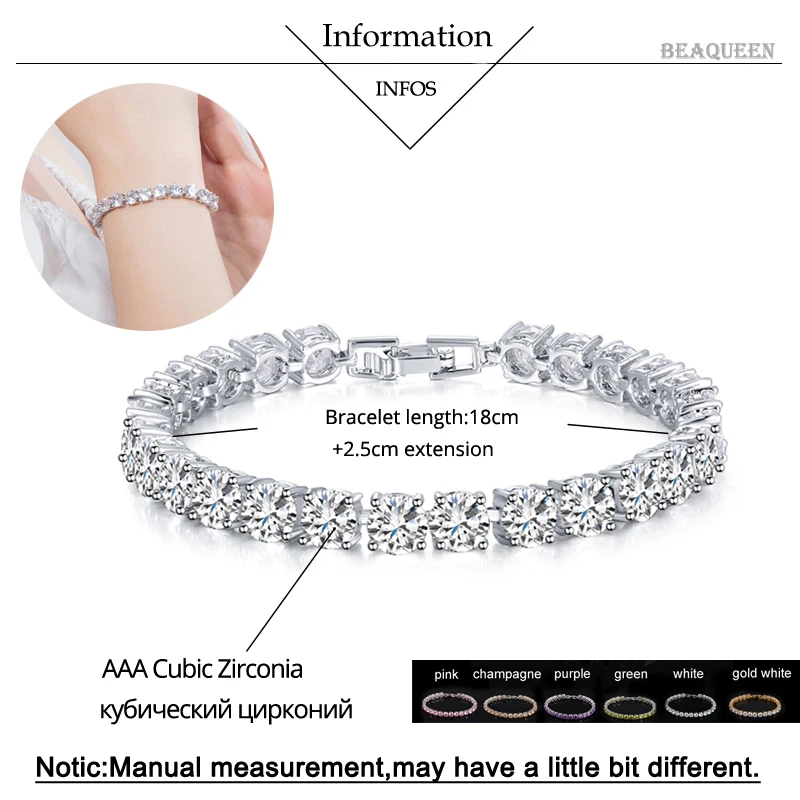 BeaQueen Bridesmaids Luxury CZ Crystal Jewelry Brilliant 6mm Big Carat Round Cut Cubic Zircon Tennis Bracelet for Women B018