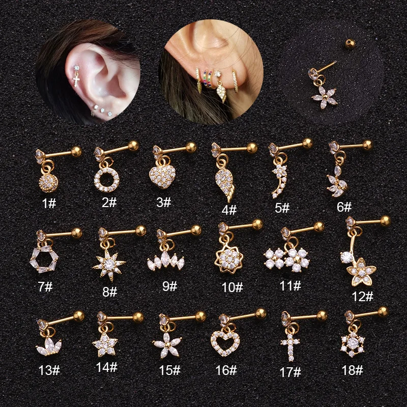 1 pcs Mix Design Cubic Zircon Mini Star Moon Wing Drop Earring Cute Leaf Cross Flower Pendant Earring Steel Bar Ball Ear Jewelry