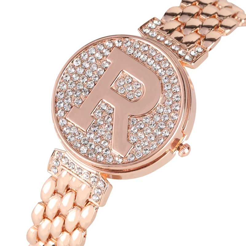 Reloj de cuarzo con tapa única de cristal para mujer, cronógrafo de pulsera informal ostentoso con letras R, Diamante dorado