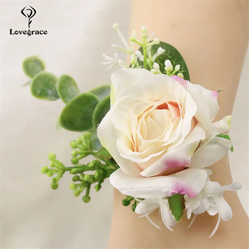 Lovegrace Rose Boutonniere Pengantin Pergelangan Tangan Korsase Groom Boutonniere Gadis Gelang Putih Kuning Pergelangan Tangan Korsase Kualitas Bunga Palsu