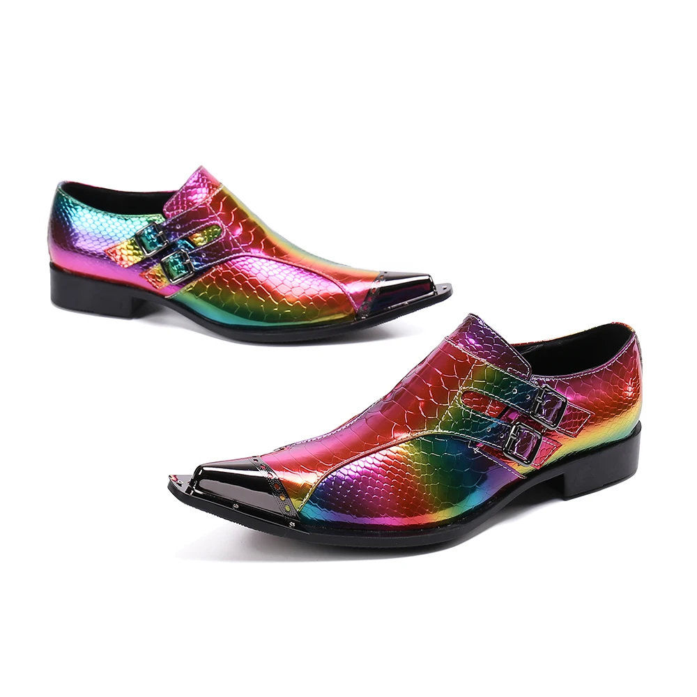 Fashion Rainbow Color Laser Men Real Leather Shoes Buckle Pointed Toe Man Male Formal Business Leather Shoes Party Dress Shoes