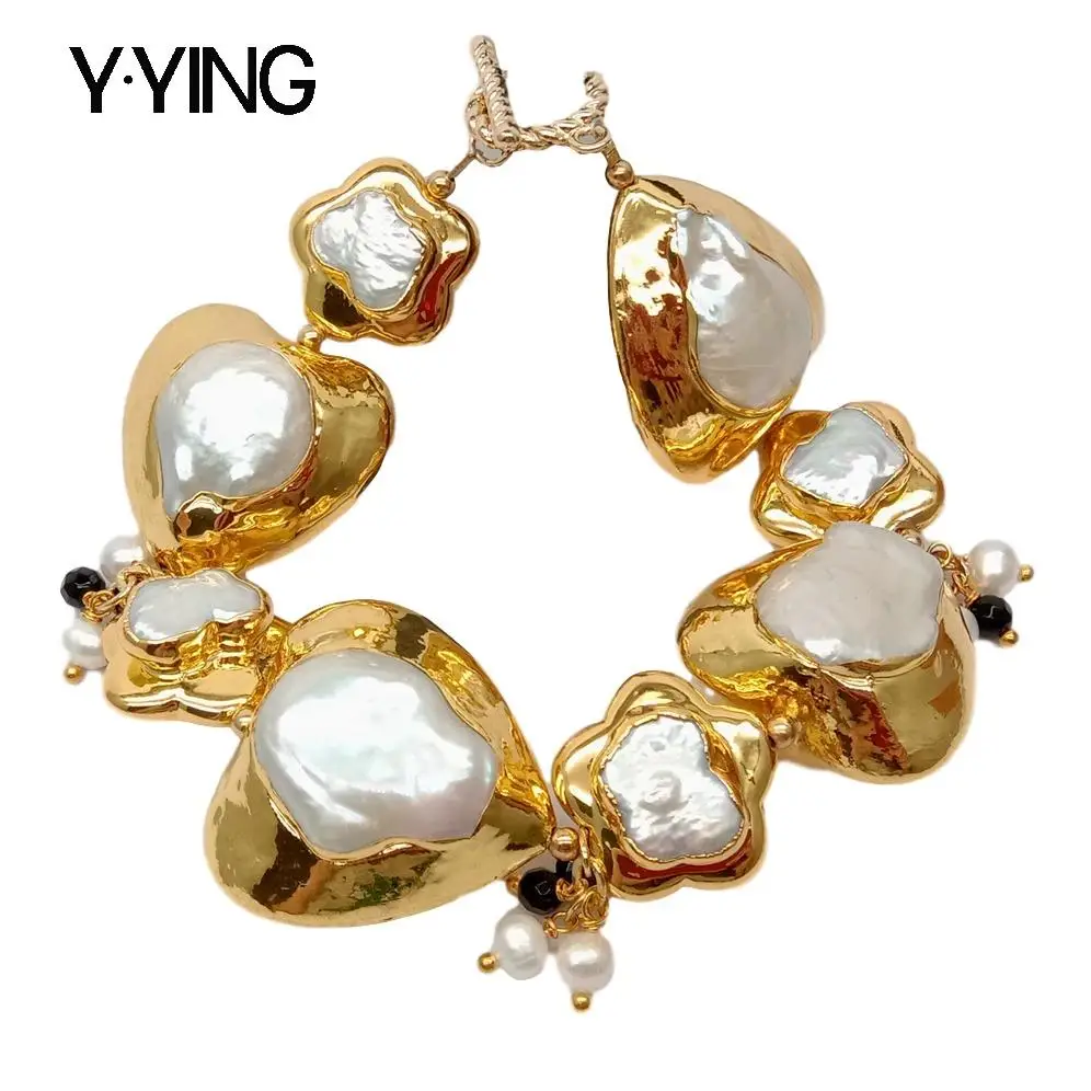 Y·YING natural White Keshi Pearl Heart and Butterfly Shape with gold color plated Edge Bracelet 9