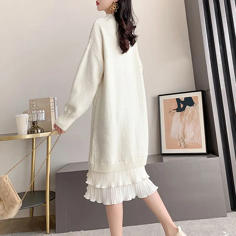 Autumn Winter Ladies Long Sleeve Sweater Ruffle Dress Mid-Length 2021 New Style Women\'s Knitted Base Dress Loose Jumper M771