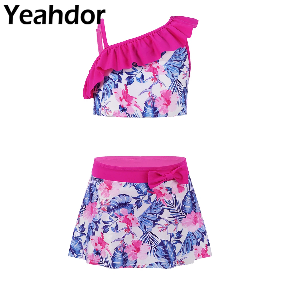 3Pcs Kids Girls Swimwear Swimming Suit Asymmetrical Shoulder Strap Ruffle Trim Floral Print Crop Tops with Skirt and Briefs Set