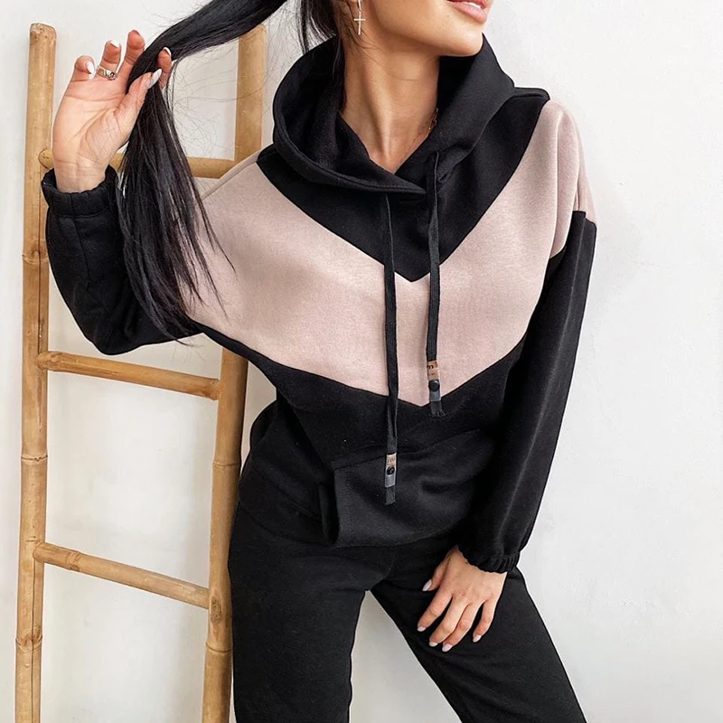 

Women Tracksuits Set Hoodies And Jogger Pants Autumn Winter Stitching Suit Female Outfit Urban Home Sweatshirt Print 2 Piece Set