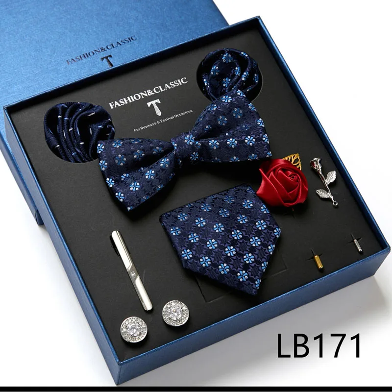 Hochwertige Geschenkbox für Feiertage, 7,5 cm, blaues Blumenmuster, Einstecktuch, Manschettenknöpfe, Krawattenclip, Krawatte für Herren, Geburtstagsgeschenk – Detail 9