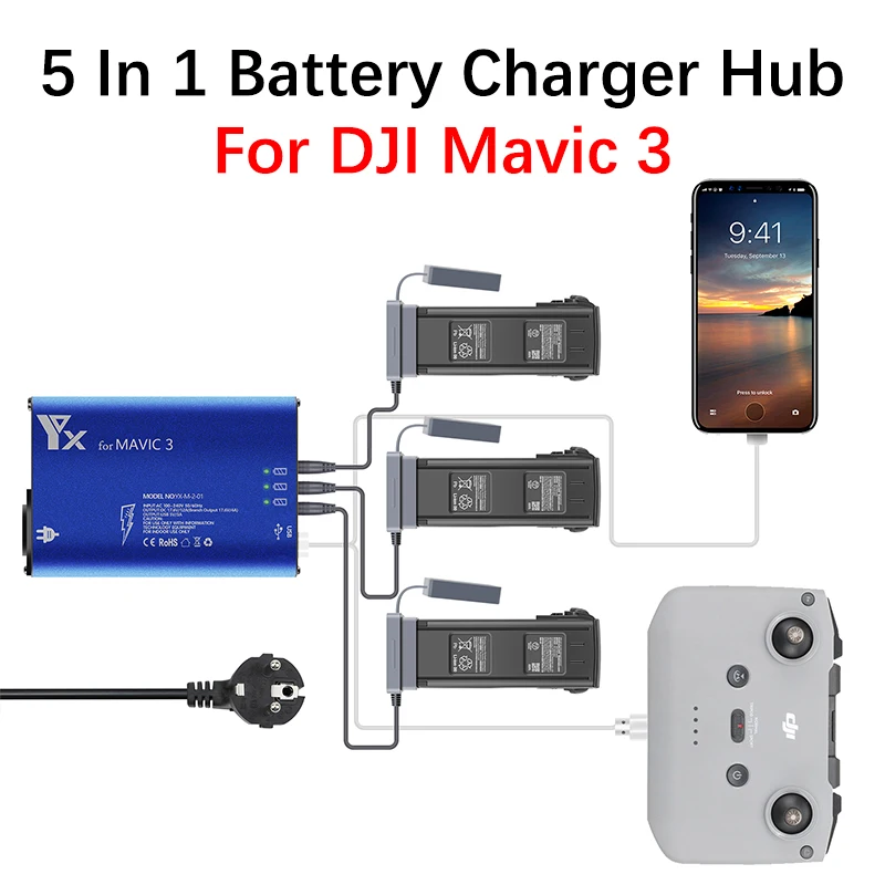 

5 In 1 Battery Charger For DJI Mavic 3/3 Cine Drone Battery Smart Charging Manager Hub USB Charging Remote Control Accessories