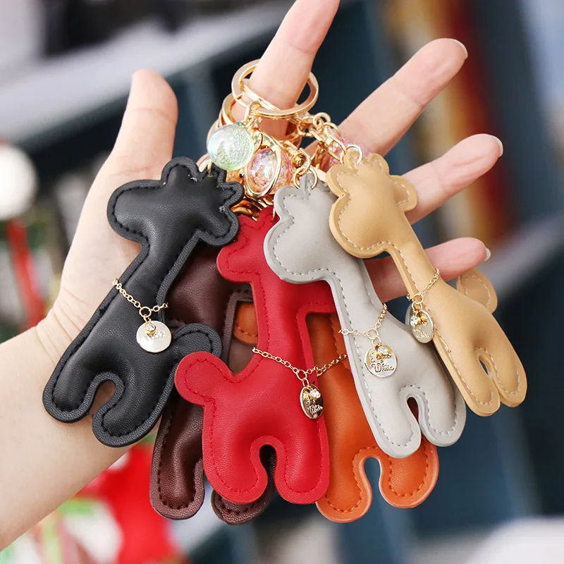 Exquisite Leather Keychain Giraffe Deer Dog Pendants DIY Women Men Handbag Bag Car Key Chain Ring Holder Keyring Jewelry Gift