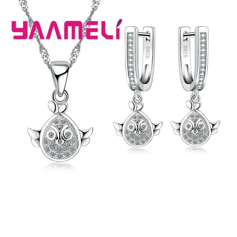 925 Sterling Silver Color Necklace Earrings Jewelry Sets Sweet Romantic Style Birds Owl Style Valentine's Day Gift For Girl