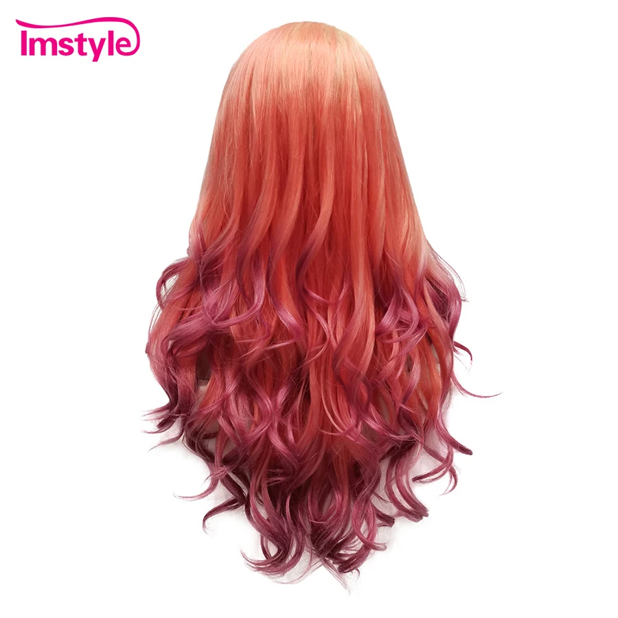 Imstyle Synthetische Lace Front Pruik Ombre Oranje Rode Pruiken Voor Vrouwen Hittebestendige Vezel Lange Golvende Multicolor Pruiken