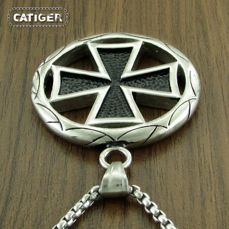 Vintage 316L Stainless Steel Silver Color New Iron Cross Round Pendant Necklace Jewelry