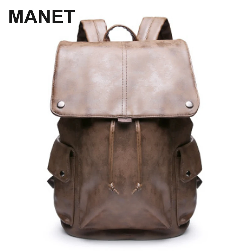 

MANET PU Leather Backpacks Drawstring Neutral Backpack Women Large Capacity School Bags for Boys Casual Schoolbag Laptop Case