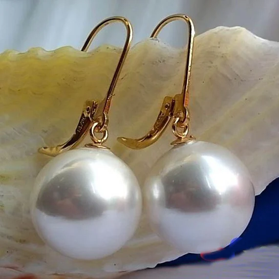 Unique Pearls jewellery Store 14mm White Round South Sea Pearl Dangle Earrings Charming Wedding Birthday Mother's Women Gift
