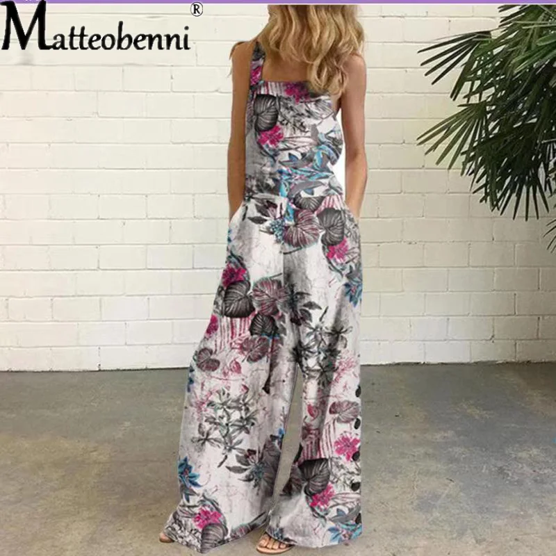 2021 Women Summer Jumpsuit Women Rompers Sexy Sleeveless Wide Leg Printed Overalls Suspenders Pantalon Femme Playsuit