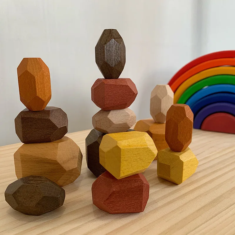 

Children's Wooden Colored Stone Building Block Educational Toy Creative Nordic Style Stacking Game Rainbow Toy Gift