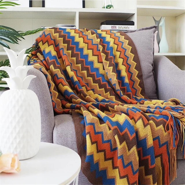 Bohemian Geometric Knitted Blanket Plus Size,Knitting Blanket Autumn/Winter/Spring,Knitted Blankets Gifts,Knitting outlets Sofa/Couch Blanket