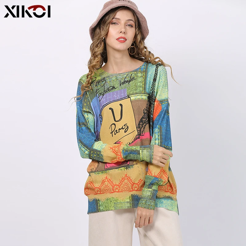 New XIKOI Winter Novel Print Sweater Women Pullovers Knitted O-Neck Jumper Women Oversized Warm Sweaters High Elastic Pull Femme