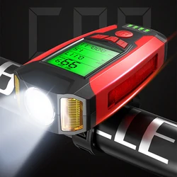 3 in 1 USB Bicycle Flashlight 5 LED Bicycle Computer/Horn Bike Front Light IPX4 Waterproof Headlight Odometer Bike Accessories