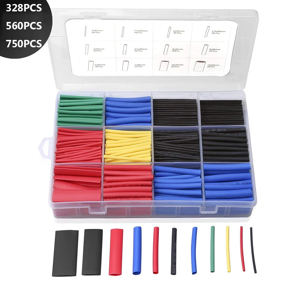 127-750Pcs Heat Shrink Sleeving Tube Assortment Kit Shrinkage Sheath Connection Wire Wrap Cable Waterproof Electrical Insulation