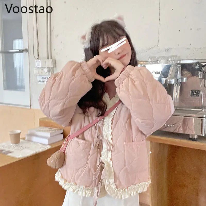 Japanese Winter Women Kawaii Loose Warm Jacket Korean Fashion Bow Bandage Thicken Cotton Padded Coats Girly Sweet Parkas Outwear