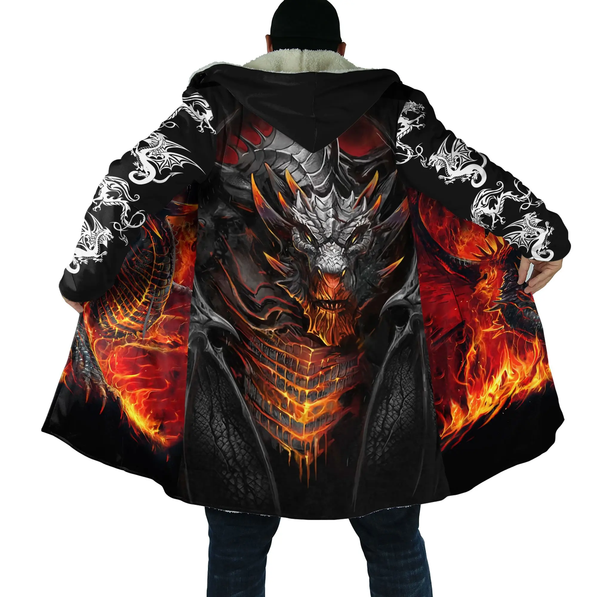 2021 Winter Mens Cloak skull and Dragon Armor Tattoo 3D Print Fleece Hooded cloak Unisex Casual Thick Warm cloak coat PF30