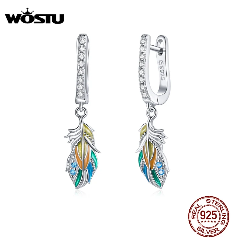 WOSTU Drop Earrings 925 Sterling Silver Earrings Colored Feather Ear Buckles Design Long Earrings For Women Jewelry CTE485