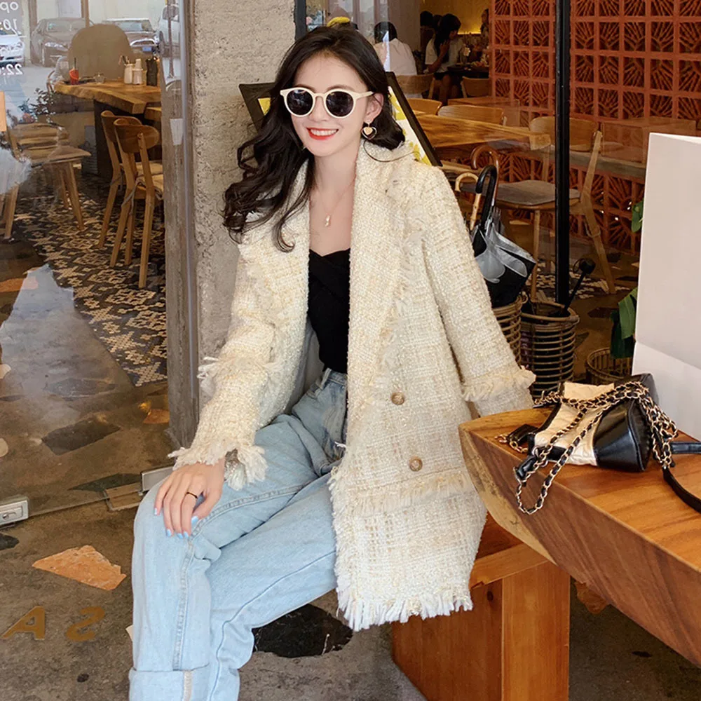 2023 Autumn New Korean Style Loose Small Suit Female Elegant Tweed Small Fragrance Wind Design Sense Niche Temperament Jacket