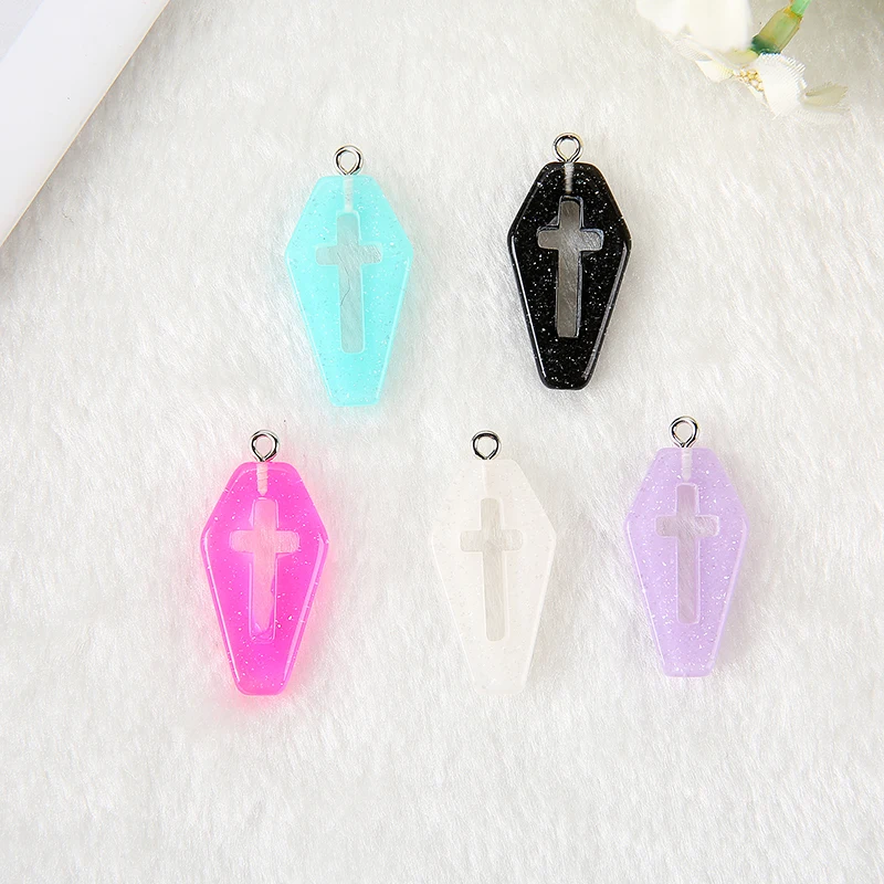 15Pcs 29*16mm Punk  Charms Resin Glitter Coffin Planchette  Flatback Cross Accessory for Jewelry DIY Making