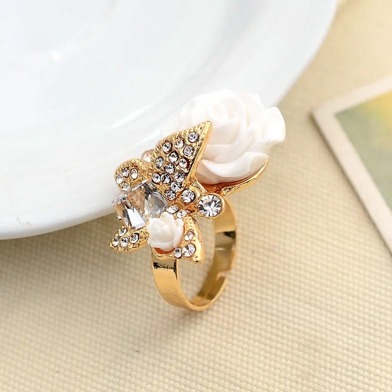 Fashion Creative Big Butterfly Flowers Crystal Wedding Open Rings for Women Gold Color Zircon Adjustable Jewelry Girl Bijoux