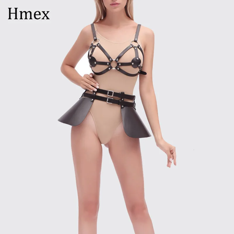 Saia de couro do plutônio do punk 2 pçs conjunto feminino ligas lingerie arnês sexy gótico cinto de pulso sutiã bondage fetish vestido arnês peito