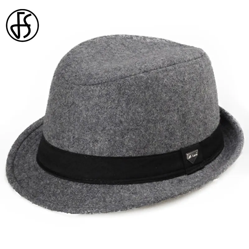 FS Vintage Men Wide Brim Wool Felt Fedora Hats For Black Jazz Trilby Panama Hat Gentleman Gangster Caps Fedora Chapeau Homme