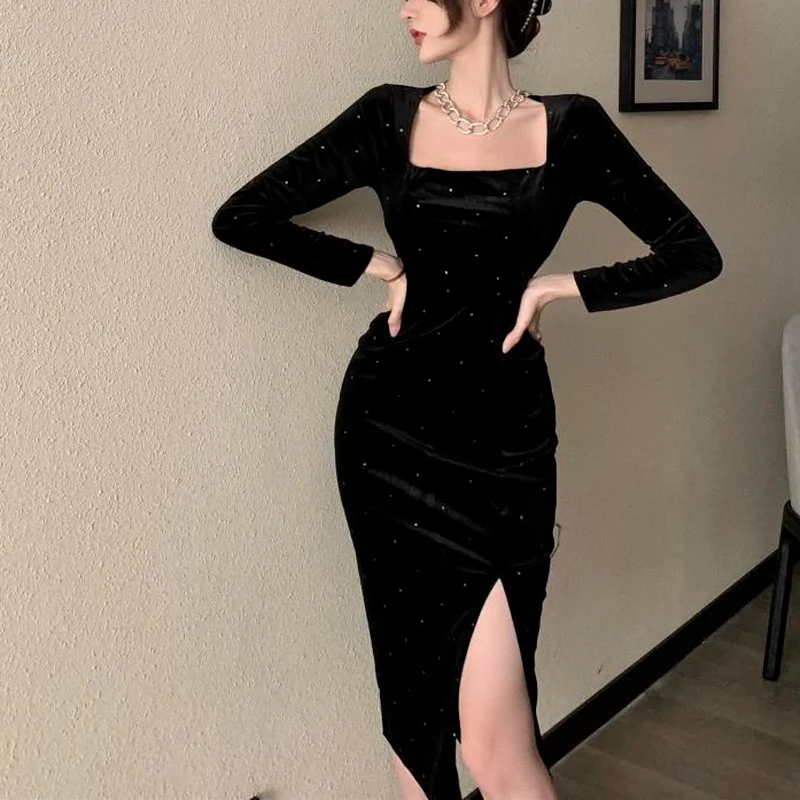 Black Velvet Long Dress Women Elegant Vintage Square Collar Long Sleeve Dress Korean Sexy Casual Evening Party Dress 2021 Autumn