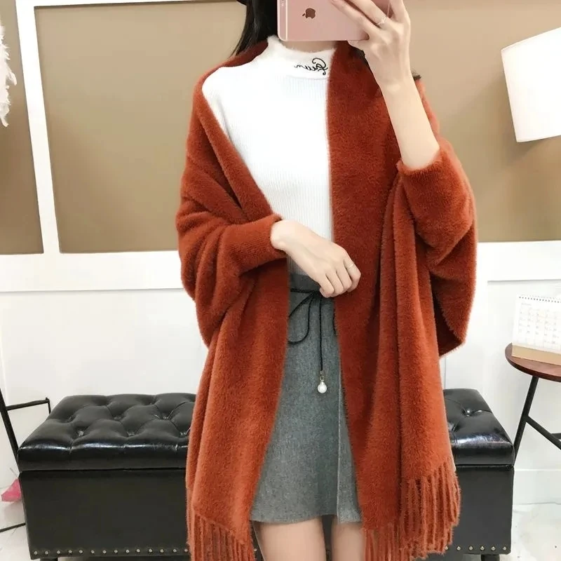 Women Cape Shawl Knitted Coat Bat Sleeve Imitation Mink Fleece Sweater Cardigan Poncho Mujer Autumn Winter Solid Loose Cloak Top