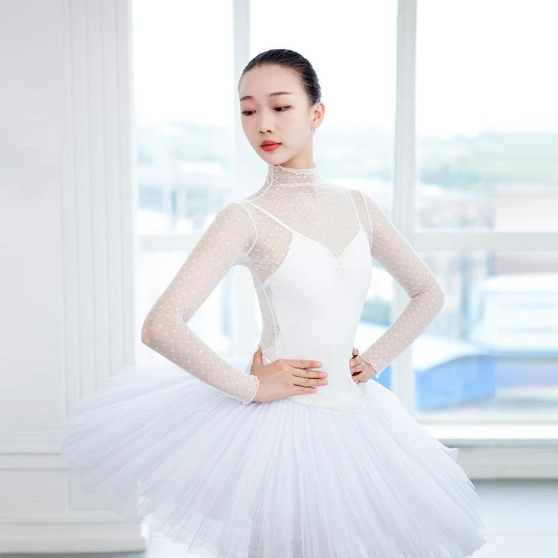 Women Ballet Tops Dance T shirt Adult Crop Tops Long Sleeve Dance Clothes Ballerina Turtleneck Shirt White Dot Mesh Leotard Top