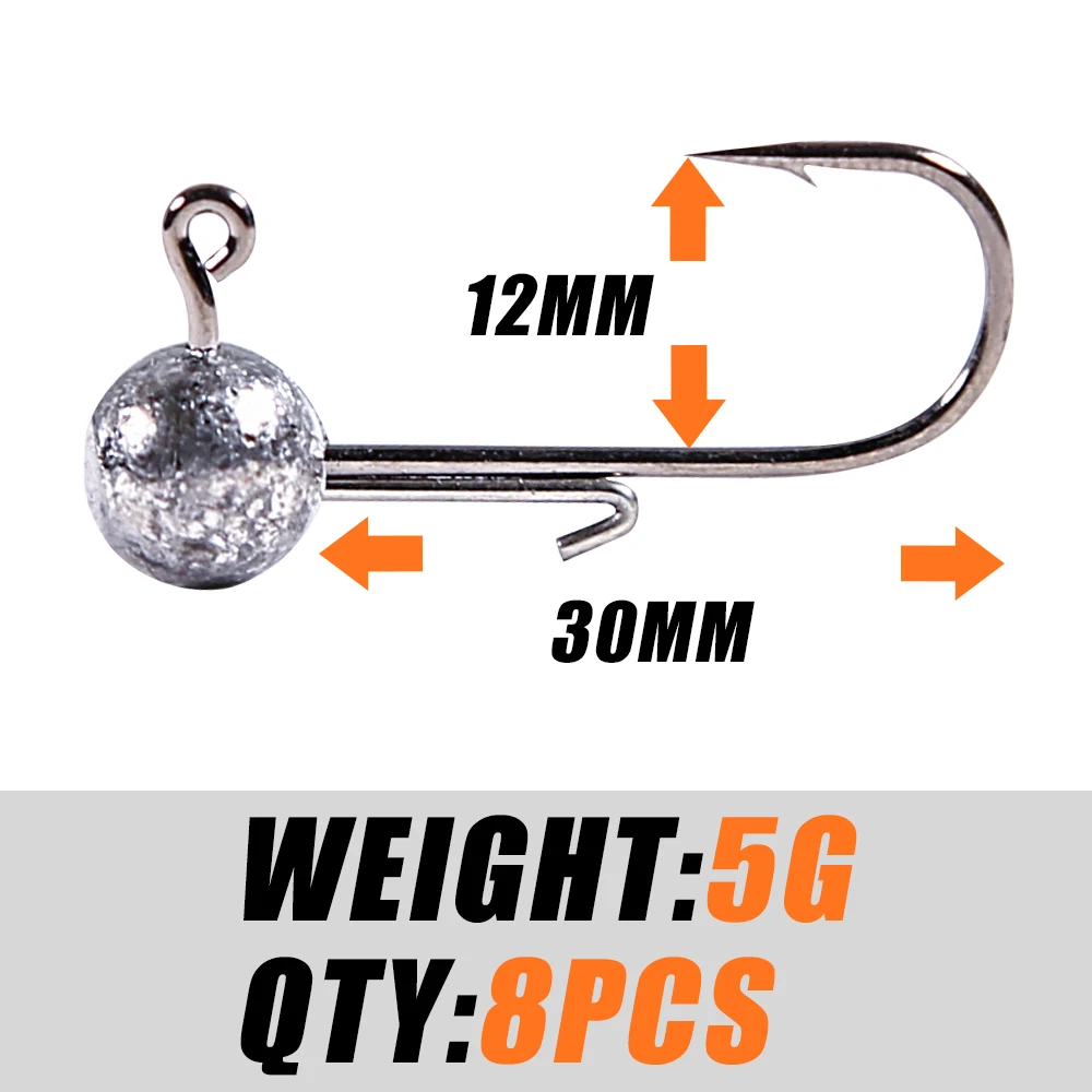 B&U NED-Kopf-Jigs-Haken, 2 g–14 g, runder Ball-Jig-Kopfhaken in allen Größen, unkrautlos, langer Schaft, sekundäre Haken für weiches Wurmangeln