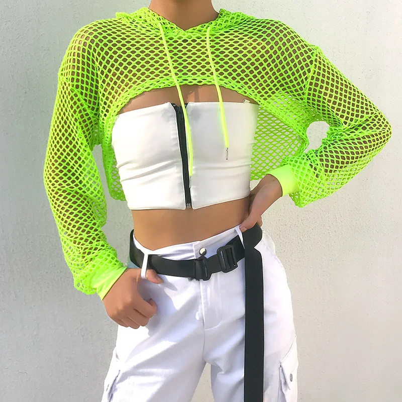 

Neon Color Long Sleeve Short Mesh Hoodies Sexy Fishnet Cover Up Crop Tops Women Fashion Hollow Out Smocks for Lady Sporty Beach