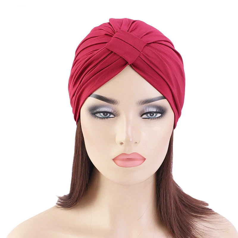 Indian Women Modal Cotton Pleated Hat Chemo Hair Loss Cancer Turban Bonnet Head Scarf Wrap Strech Bandana Cover Beanie Arab Cap