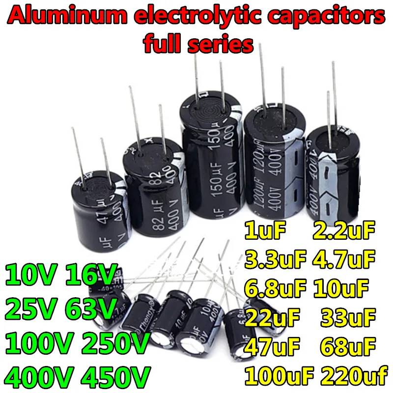 

20pcs 10V 16V 25V 63V 100V 250V 400V 450V Aluminum capacitor 1uF 2.2uF 3.3uF 4.7uF 6.8uF 10uF 22uF 33uF 47uF 68uF 100uF 220uf