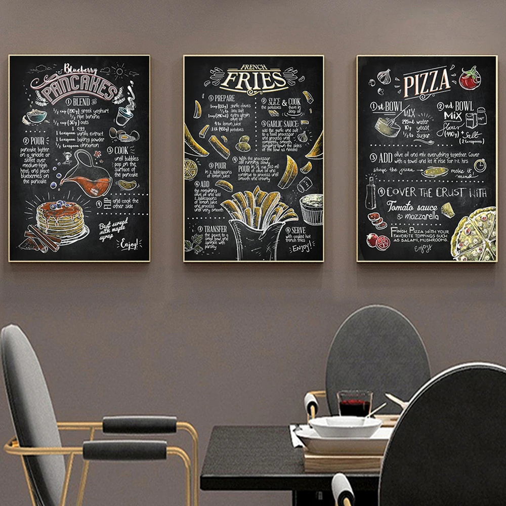 Pizza Hamburger Hot Dogs Spaghetti Eggs Bacon Fries Pancrhes Recipe Vintage Wall Art Painting Restaurant Kitchen Decor
