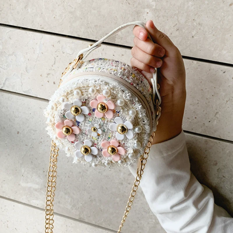 Children Small Round Bags Baby Decorative Shoulder Bag Girl Mini Handbag Creative Tweed Flower Pearl Kids Wallet for Party